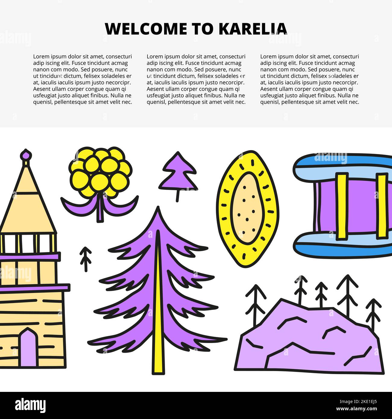 Modello di articolo con spazio per il testo e doodle colorate Karelia icone tra cui mirtillo rosso, fiume, colline, pesci trota, orso isolato su sfondo bianco Illustrazione Vettoriale