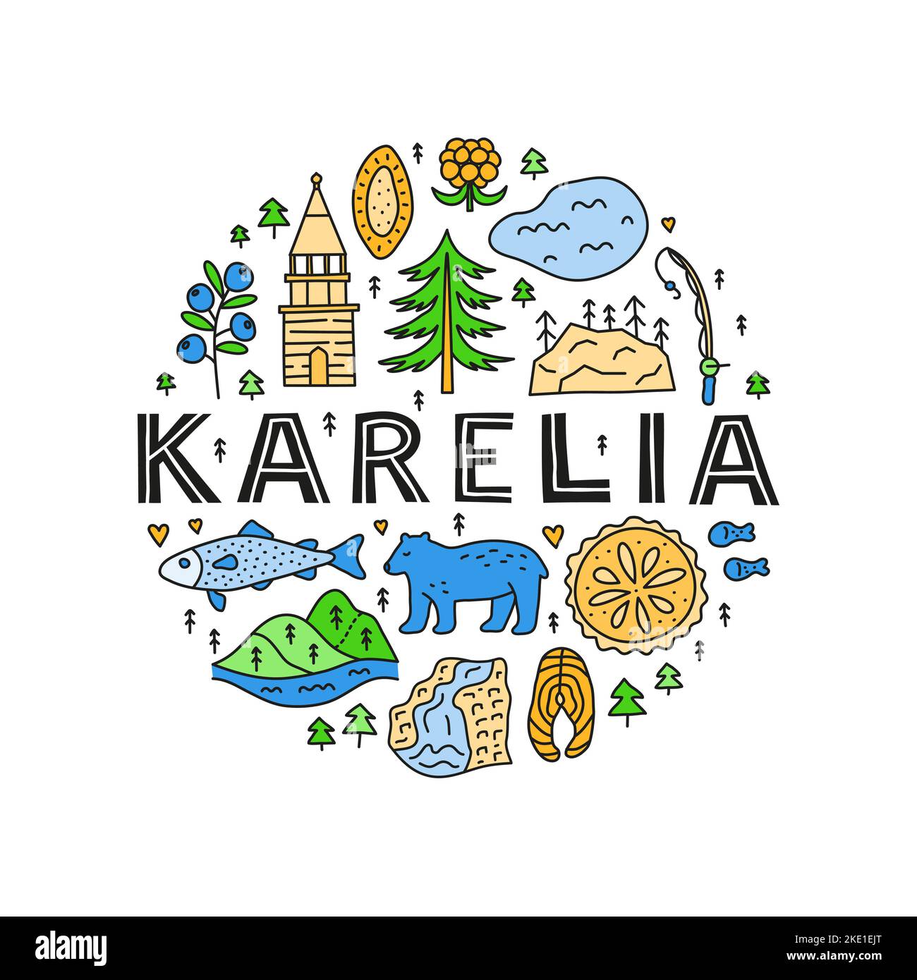 Doodle colorate Karelia icone tra cui lago, cascata, rocce, campanile di Kizhi, pino, torta, barca, mirtillo, frutti di bosco, trote, orso e fette Illustrazione Vettoriale