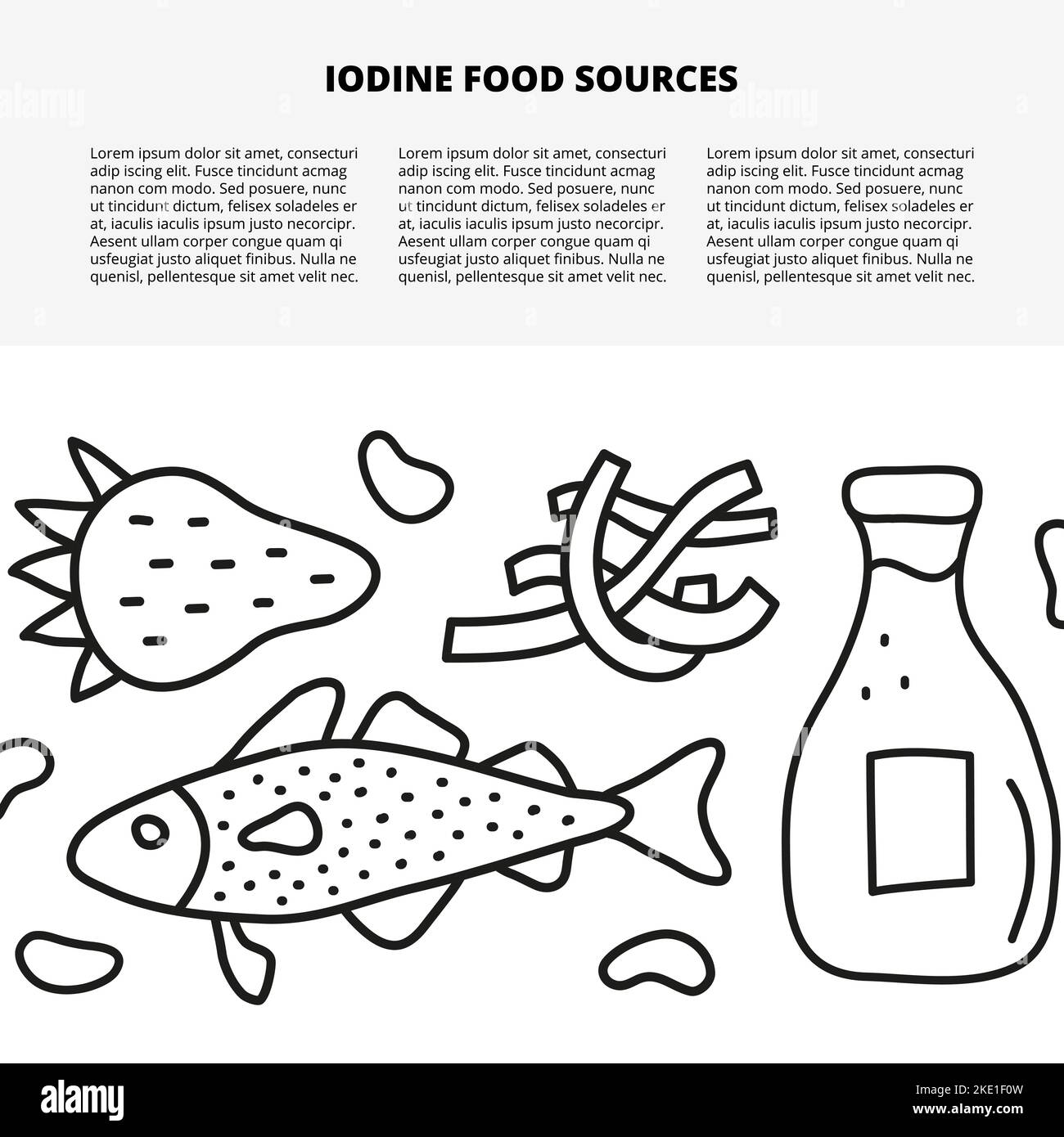 Modello di articolo con spazio per il testo e gli scarabei delineare fonti di cibo iodio tra cui pesce di merluzzo, latte, alghe, fragole, fagioli isolati su bianco bac Illustrazione Vettoriale