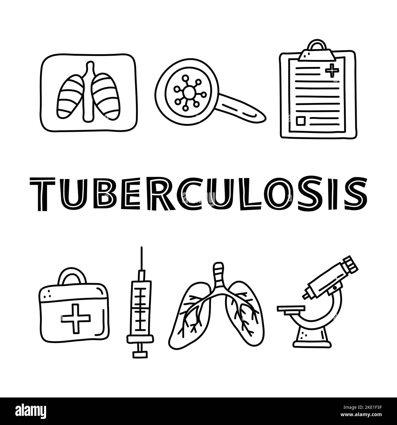 Poster con lettere e caratteri per la tubercolosi, compresi i polmoni radiografici, loupe, appunti vuoti, kit di pronto soccorso, microscopio isolato su cui Illustrazione Vettoriale Poster con lettere e caratteri per la tubercolosi, compresi i polmoni radiografici, loupe, appunti vuoti, kit di pronto soccorso, microscopio isolato su cui Illustrazione Vettoriale