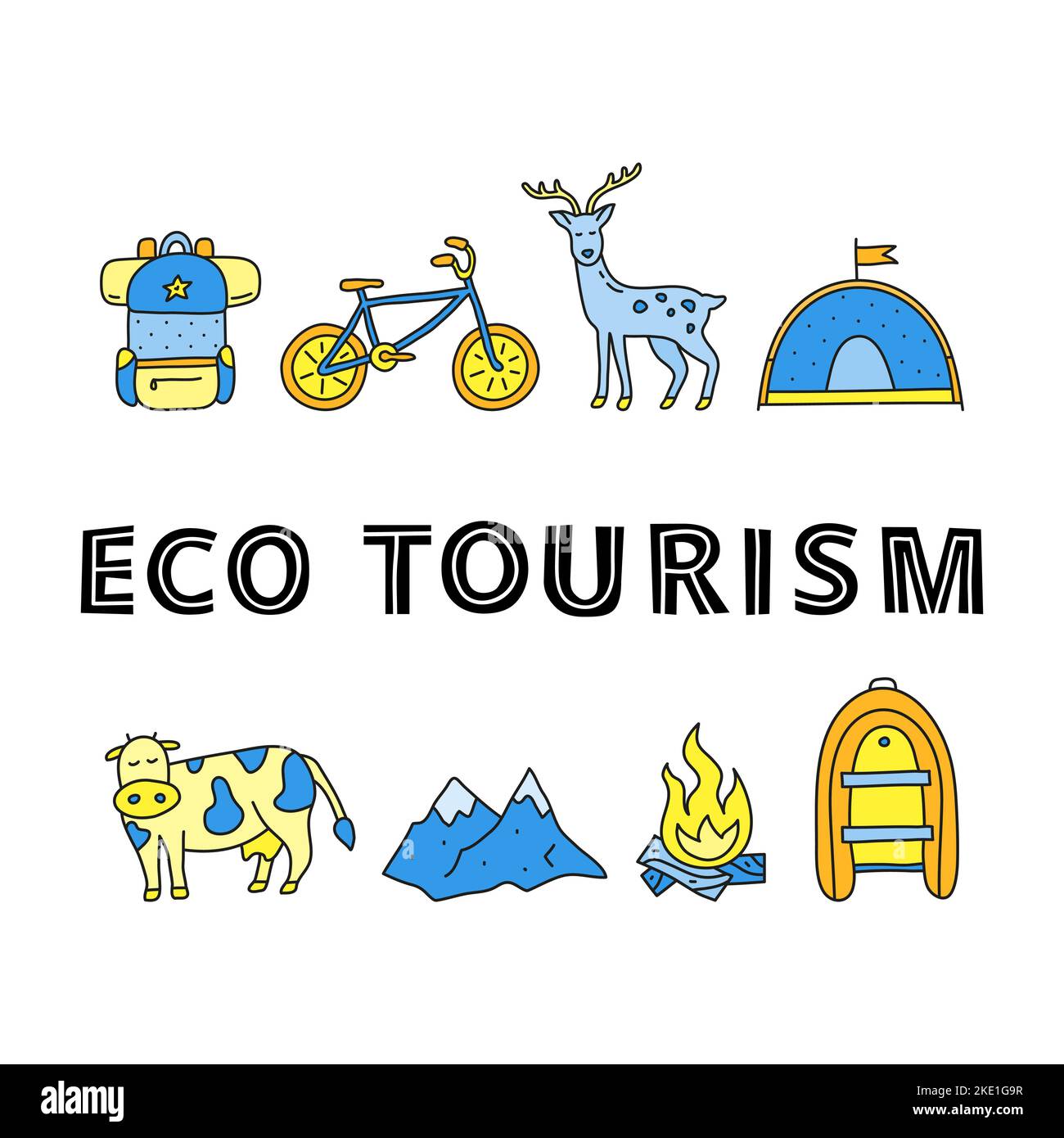 Poster con scritte e icone colorate del turismo ecologico doodle tra cui cervi, bicicletta, zaino, montagne, tenda, mucca, barca, fuoco isolato su bianco b Illustrazione Vettoriale