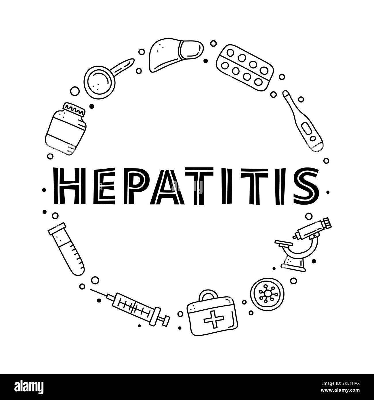 Doodle delineano le icone mediche dell'epatite che includono fegato, microscopio, siringa, provetta, kit di pronto soccorso, loupe, virus composto a forma di cerchio. Illustrazione Vettoriale