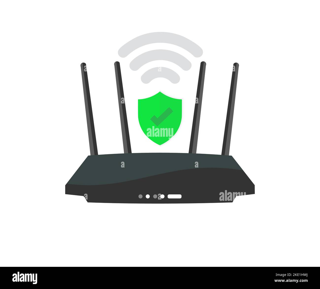 Concetto di router wireless, sicurezza, comunicazione aziendale concetto di social network design logo. Router wi-fi wireless nero con antenne nere. Illustrazione Vettoriale