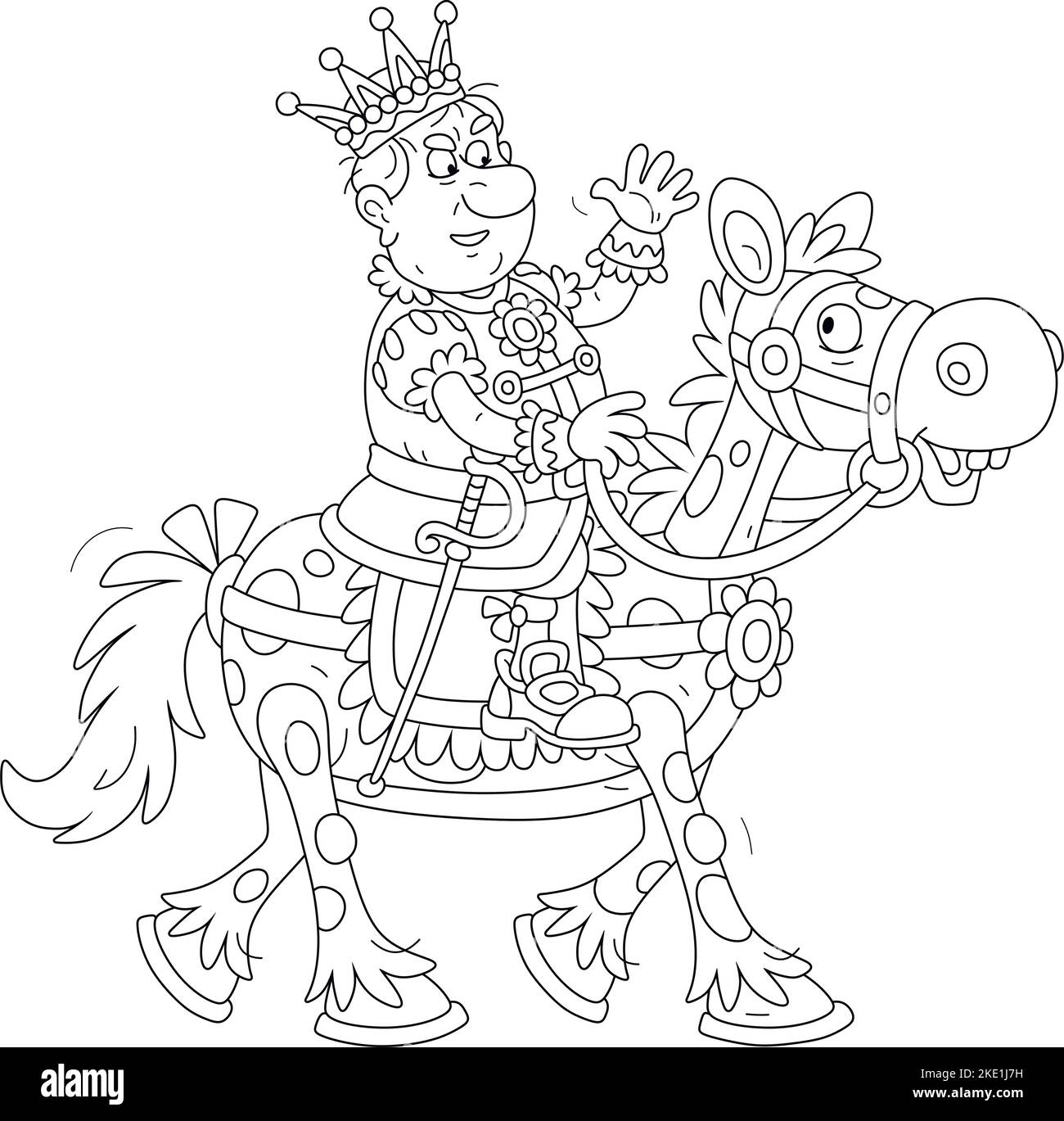 Re arrabbiato in abito pieno con la sua corona d'oro a cavallo di un divertente macchiato, ispezionando una recensione, salendo le truppe e agitando la mano nel saluto Illustrazione Vettoriale