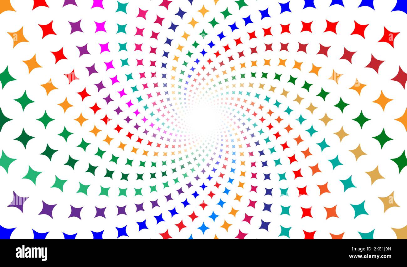 Colorate stelle a mosaico che si muovono su uno sfondo bianco. Sfondo geometrico a spirale magica. Illustrazione Vettoriale