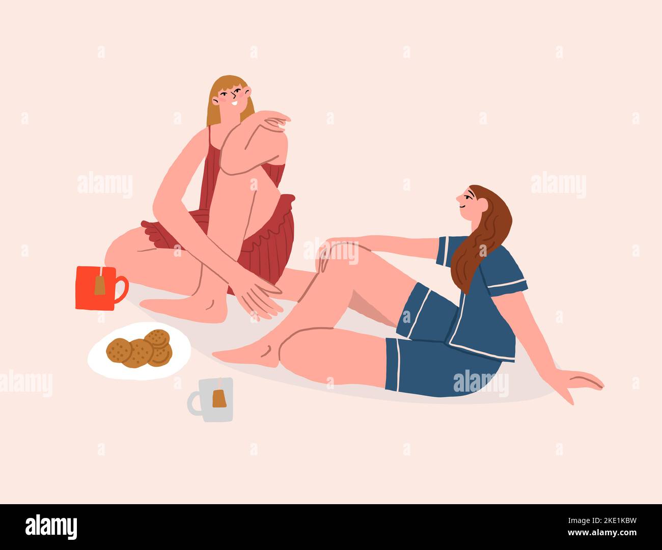 due ragazze stanno parlando e bevendo il tè. L'amicizia e la comunicazione delle donne. Illustrazione del vettore piatto. Illustrazione vettoriale Illustrazione Vettoriale