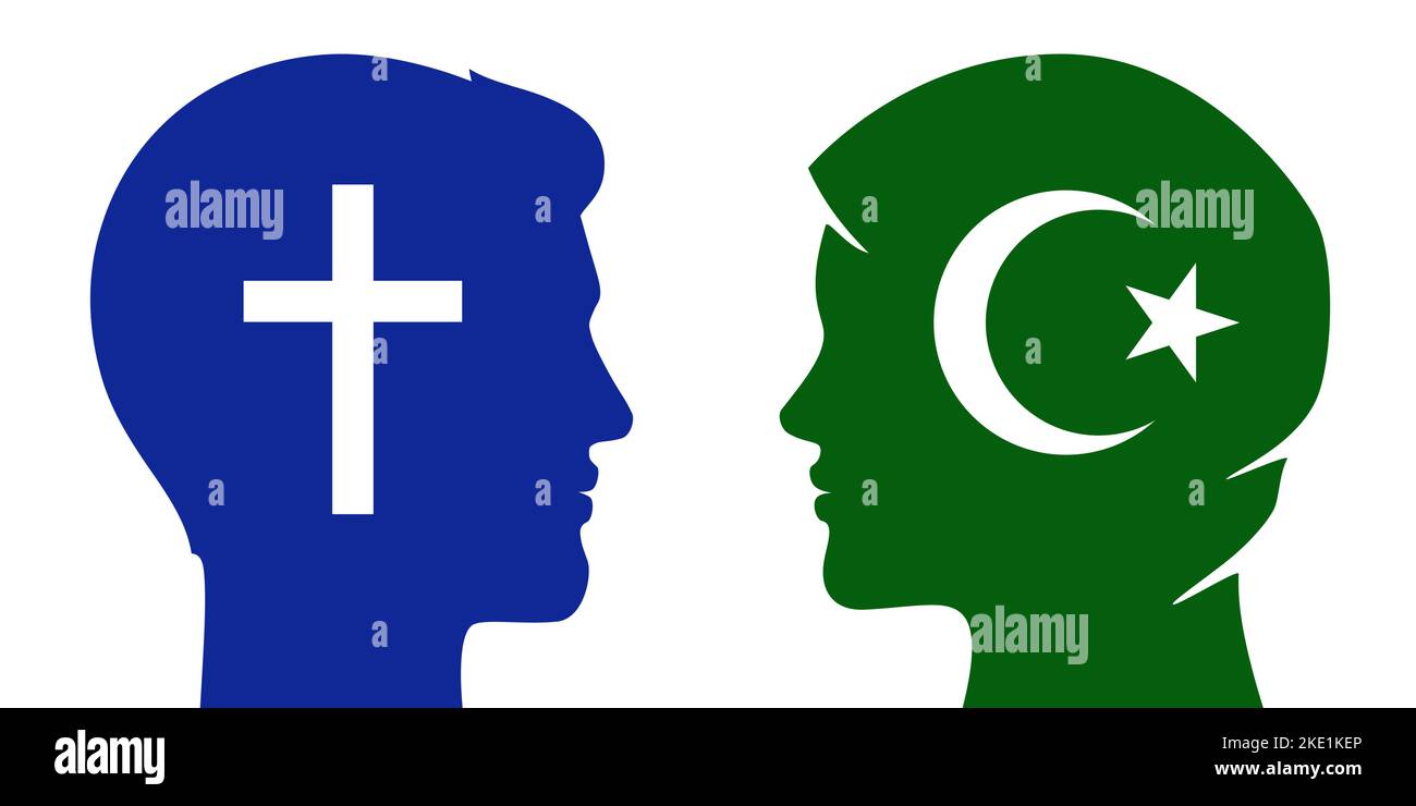 Rapporti tra uomo cristiano e donna musulmana. Coppia di religione diversa, famiglia multiculturale, o discussione religiosa, illustrazione vettoriale del concetto di dialogo. Illustrazione Vettoriale