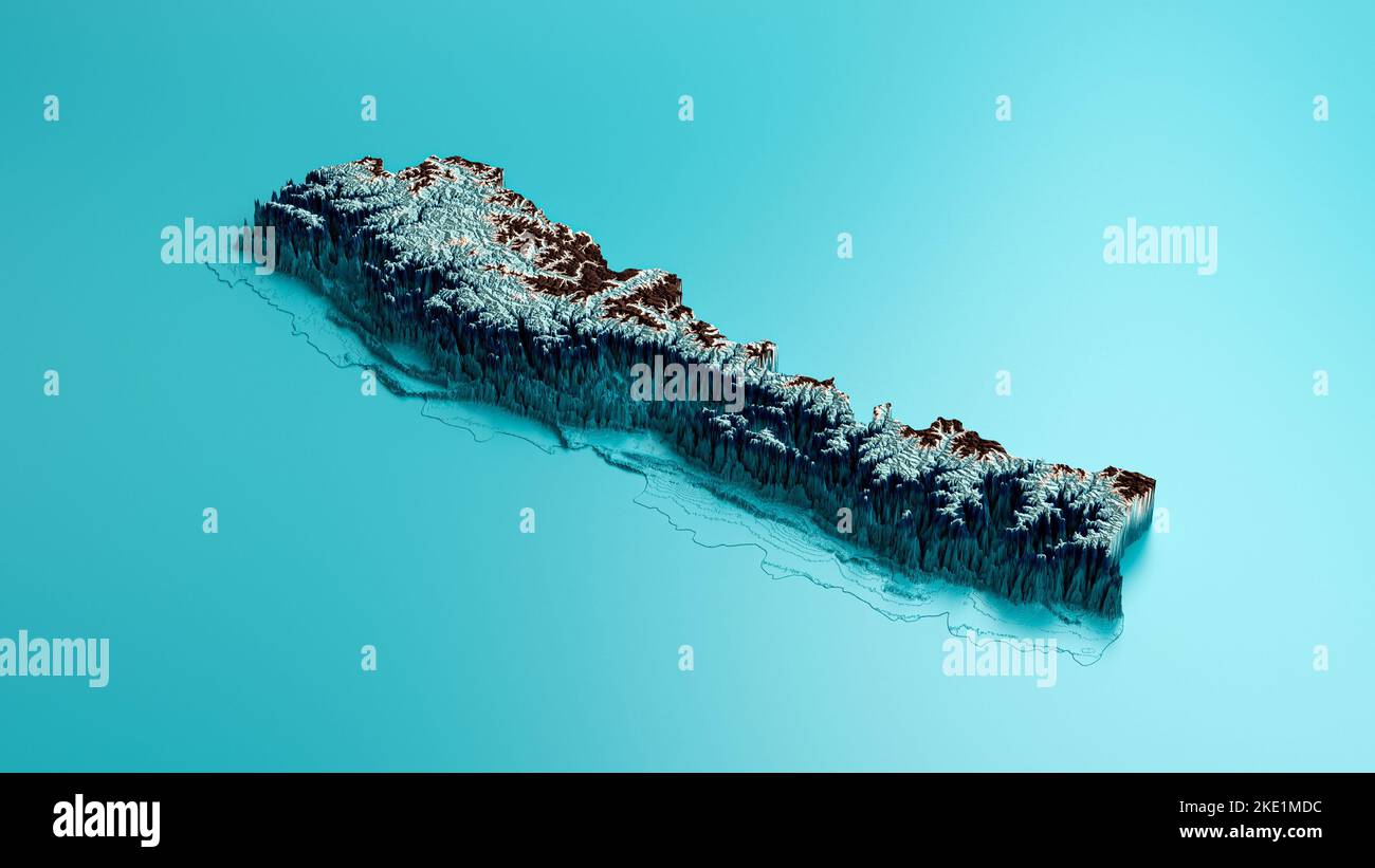 Un rendering 3D della mappa del Nepal con rilievo ombreggiato isolato su una superficie blu Foto Stock