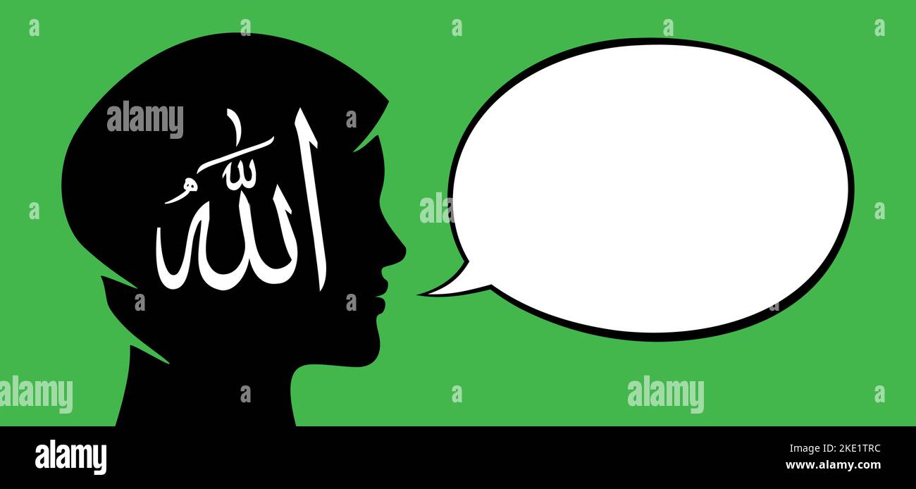 Donna musulmana con fumetto vuoto per frase o posizionamento di parole. Donna araba parla o dice qualcosa, stile piatto vettore illustrazione. Illustrazione Vettoriale
