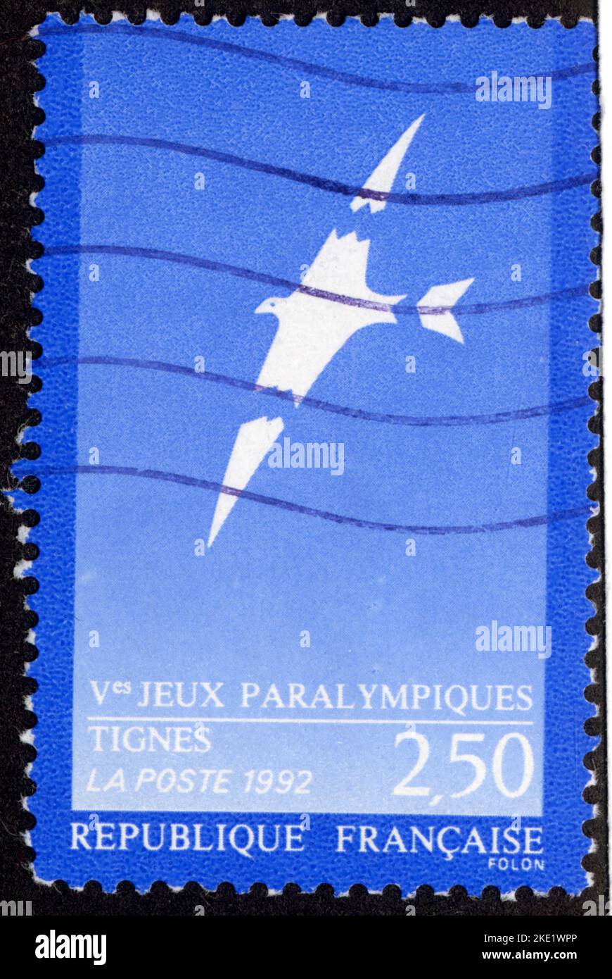 Timbre oblitéré VES Jeux Paralympiques, Tignes, la Poste, 1992, 2,50 Foto Stock