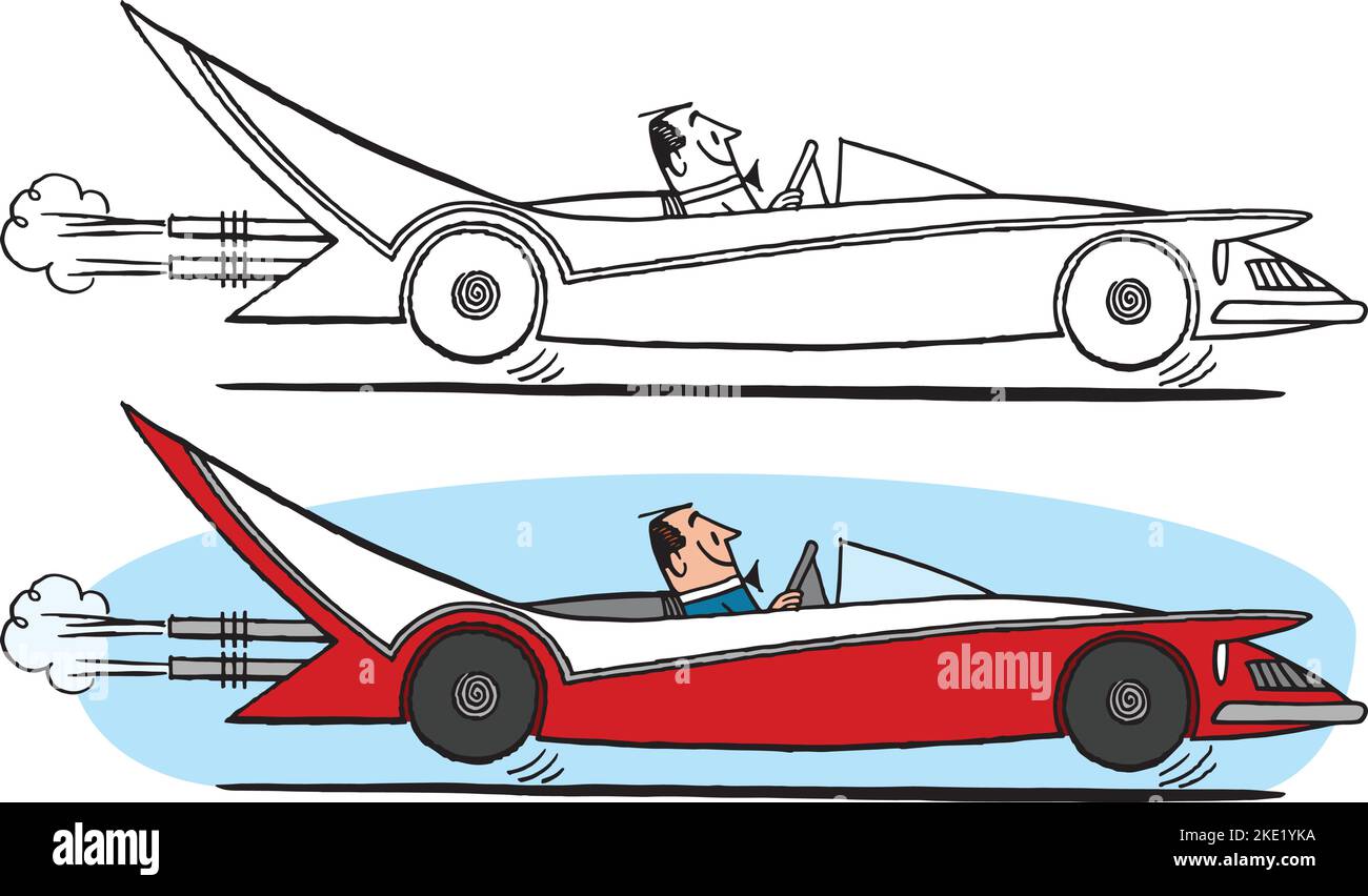 Un fumetto retrò d'epoca di un uomo che prende una joyride nella sua auto sportiva convertibile. Illustrazione Vettoriale