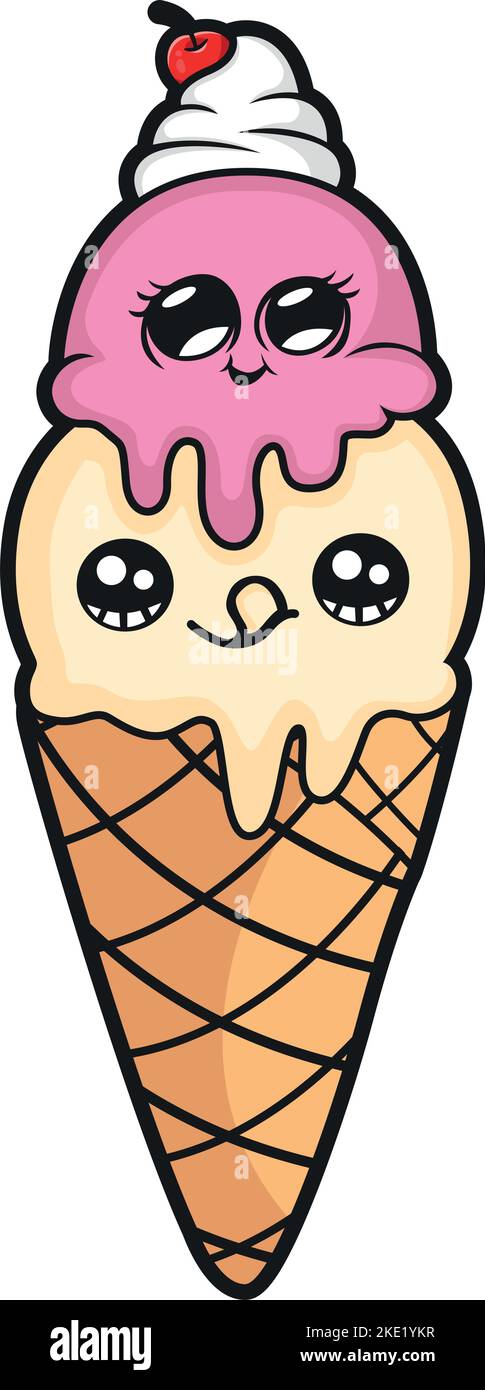Un carino kawaii carattere cartone animato di gelato con sapori di fragola e vaniglia su uno sfondo bianco Illustrazione Vettoriale