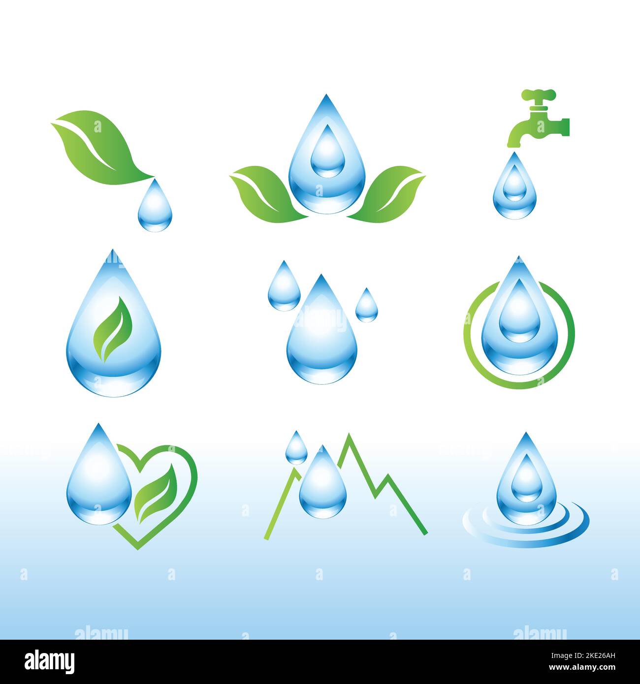 Set Vector Water Splash and Drop isolato su bianco. Collezione vettoriale di loghi piatti acqua Splash e Drop. Illustrazione Vettoriale