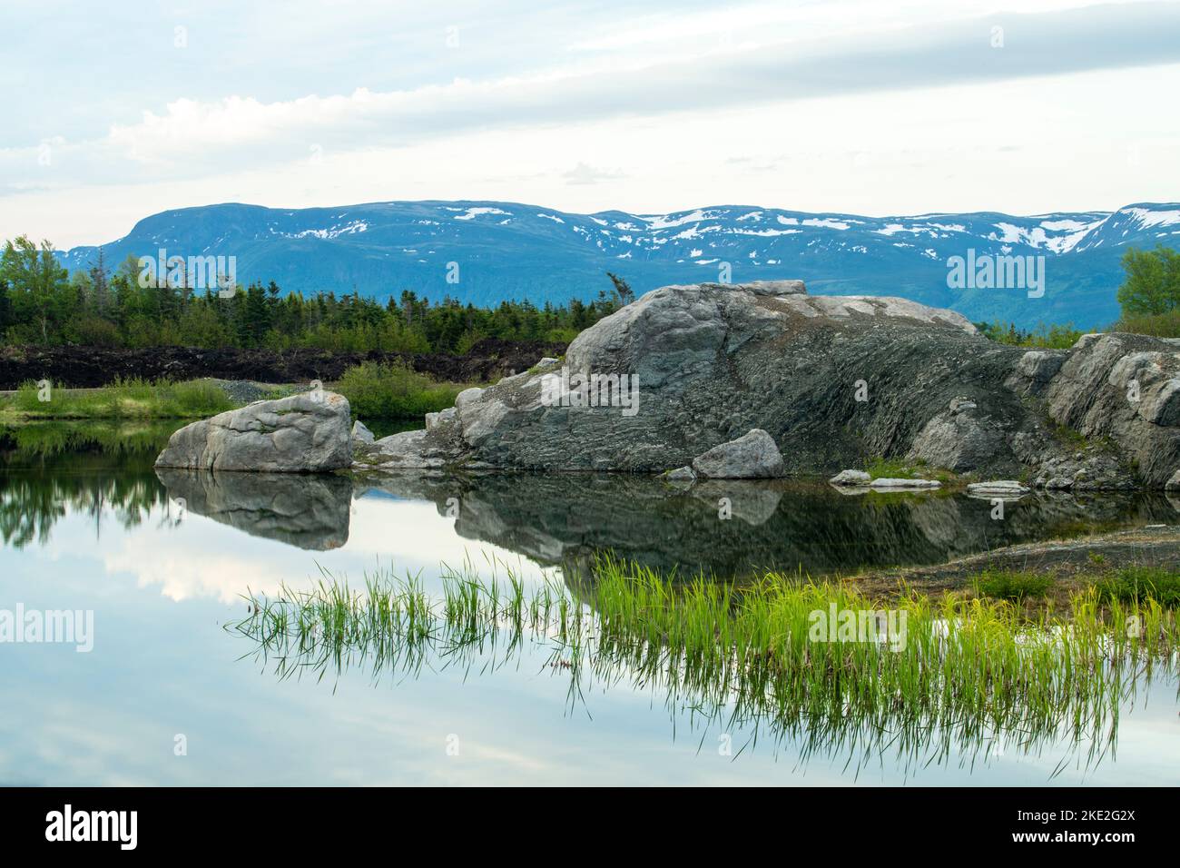 Stagno con riflessi rocciosi, Gros Morne National Park, Terranova e Labrador NL, Canada Foto Stock