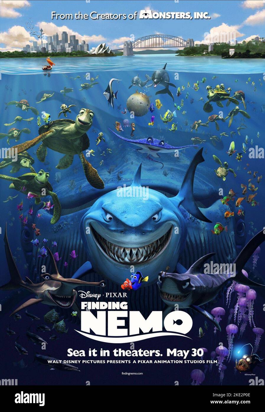 TROVARE NEMO, SCHIACCIARE, FIORIRE, ANCORA, BRUCE LO SQUALO, MARLIN, DORY, CHUM POSTER, 2003 Foto Stock