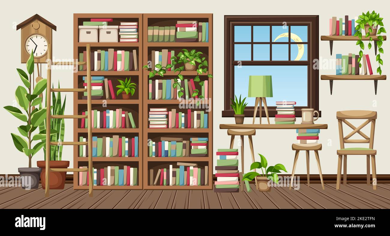 Arredamento della sala lettura con librerie e molti libri e piante da casa. Intimo design degli interni della vecchia biblioteca. Illustrazione vettoriale dei cartoni animati Illustrazione Vettoriale