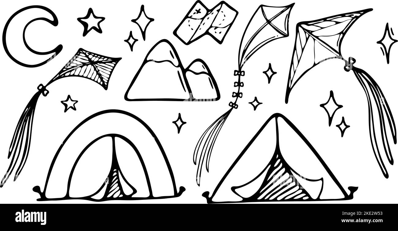 Set di illustrazioni vettoriali di turismo e attrezzature da campeggio in stile doodle. Elementi disegnati a mano per campeggio ed escursioni, isolati su sfondo bianco. Illustrazione Vettoriale