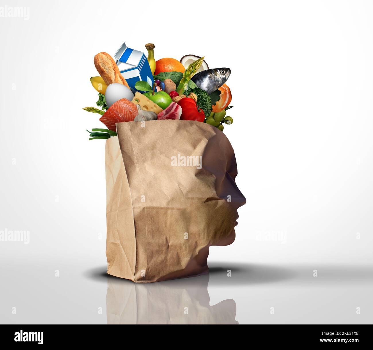 Shopping di generi alimentari intelligenti e consumatori di bilancio come un acquirente di generi alimentari con una borsa a forma di testa umana piena di cibo come un bilancio di consumatori di famiglia Foto Stock