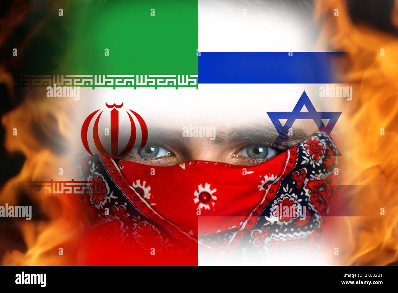 Defocalizzare Israele Iran bandiere nazionali. Protesta uomo. Occhi maschili sul viso in bandana. Notizie, reportage, background aziendale. Israele contro Iran. Battaglia di due co Foto Stock