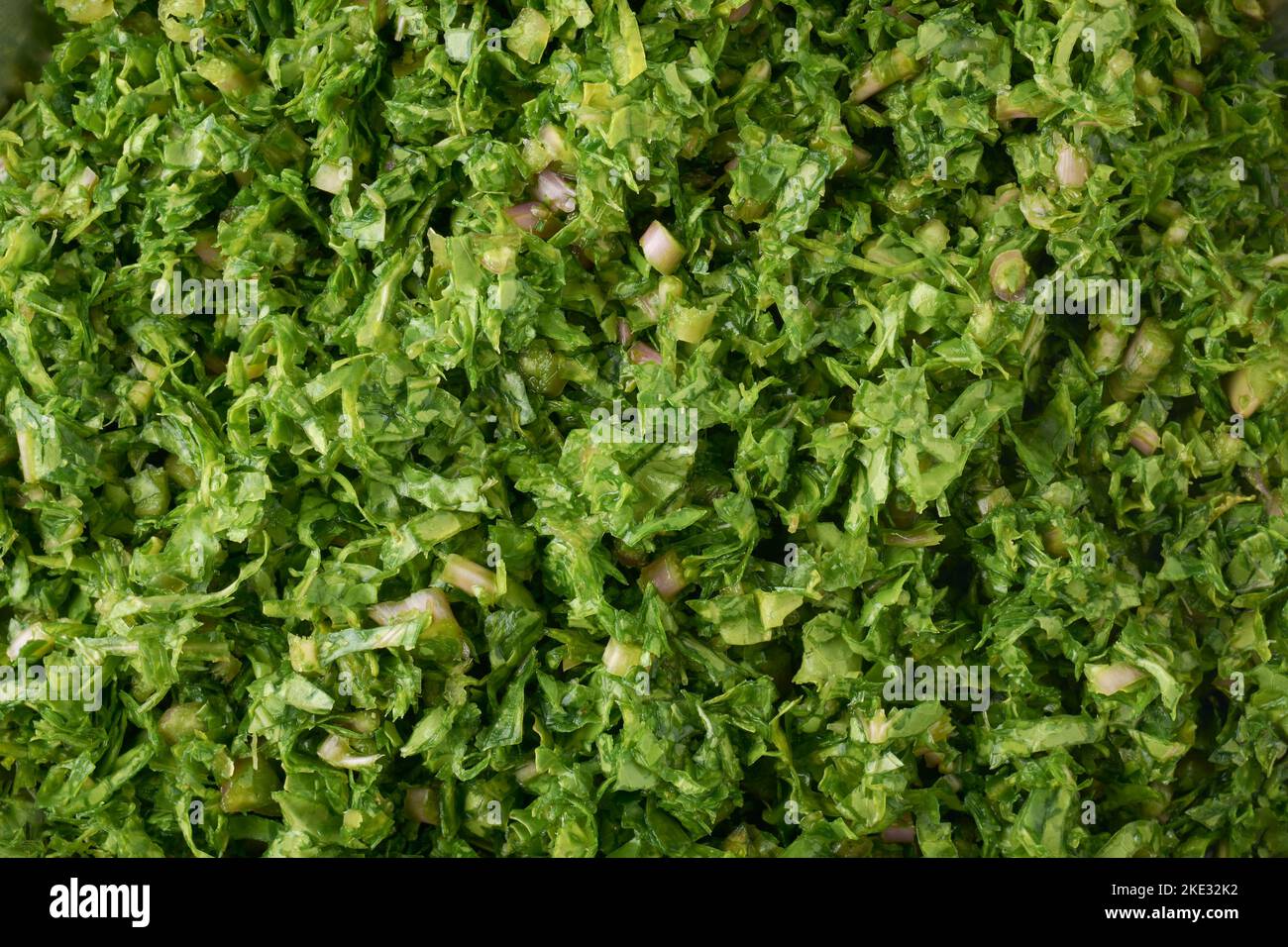 primo piano di cavolo tritato o foglie di cavolo, verdi fogliame commestibili tagliati per preparare insalata o piatto a cornice, cibo o verdure di fondo Foto Stock
