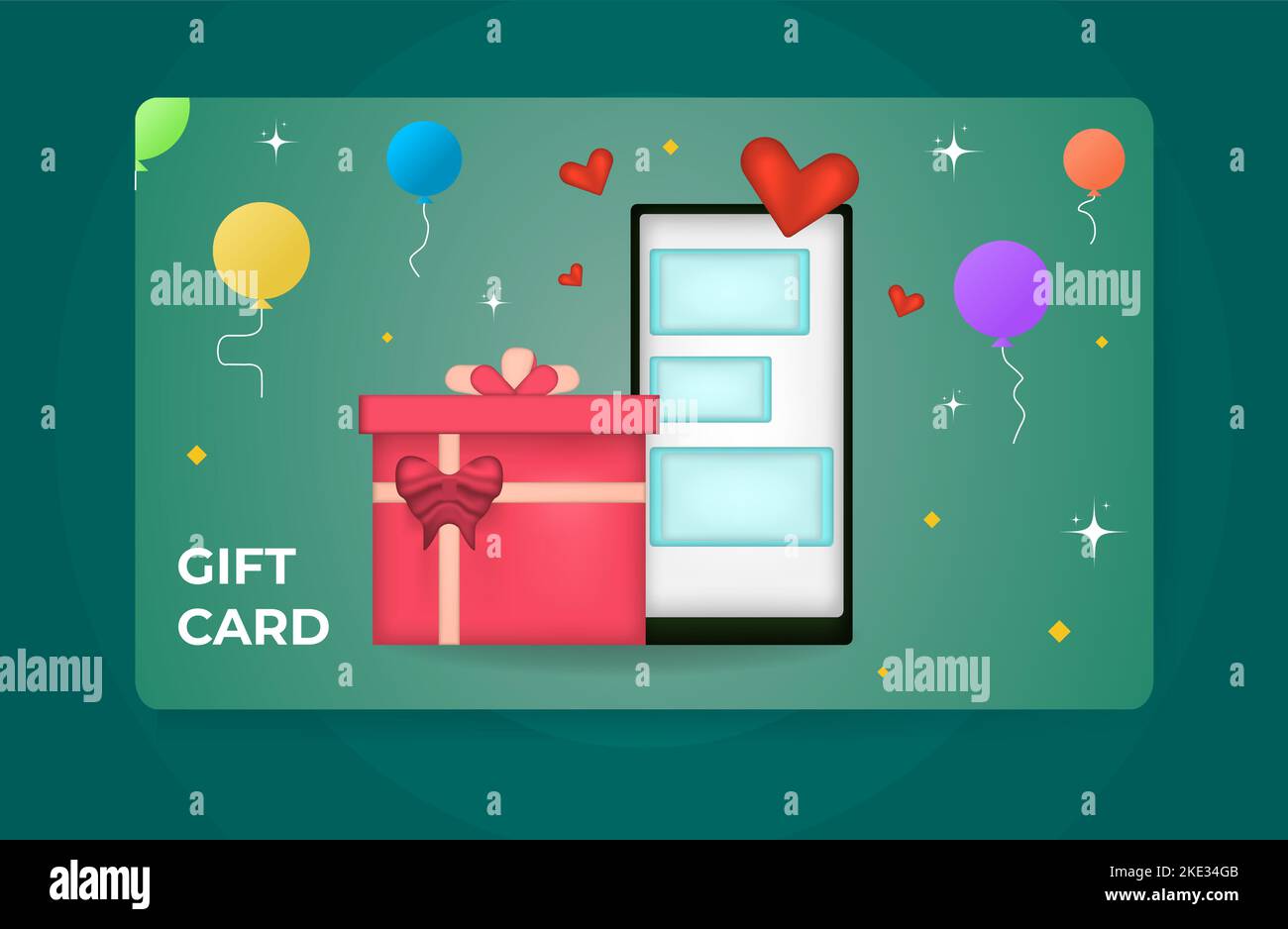 Buono regalo per il cliente con illustrazione dello stile di rendering 3D, cellulare, palloncini, cuori, stelle, modello pulito e moderno isolato su sfondo verde. Illustrazione Vettoriale