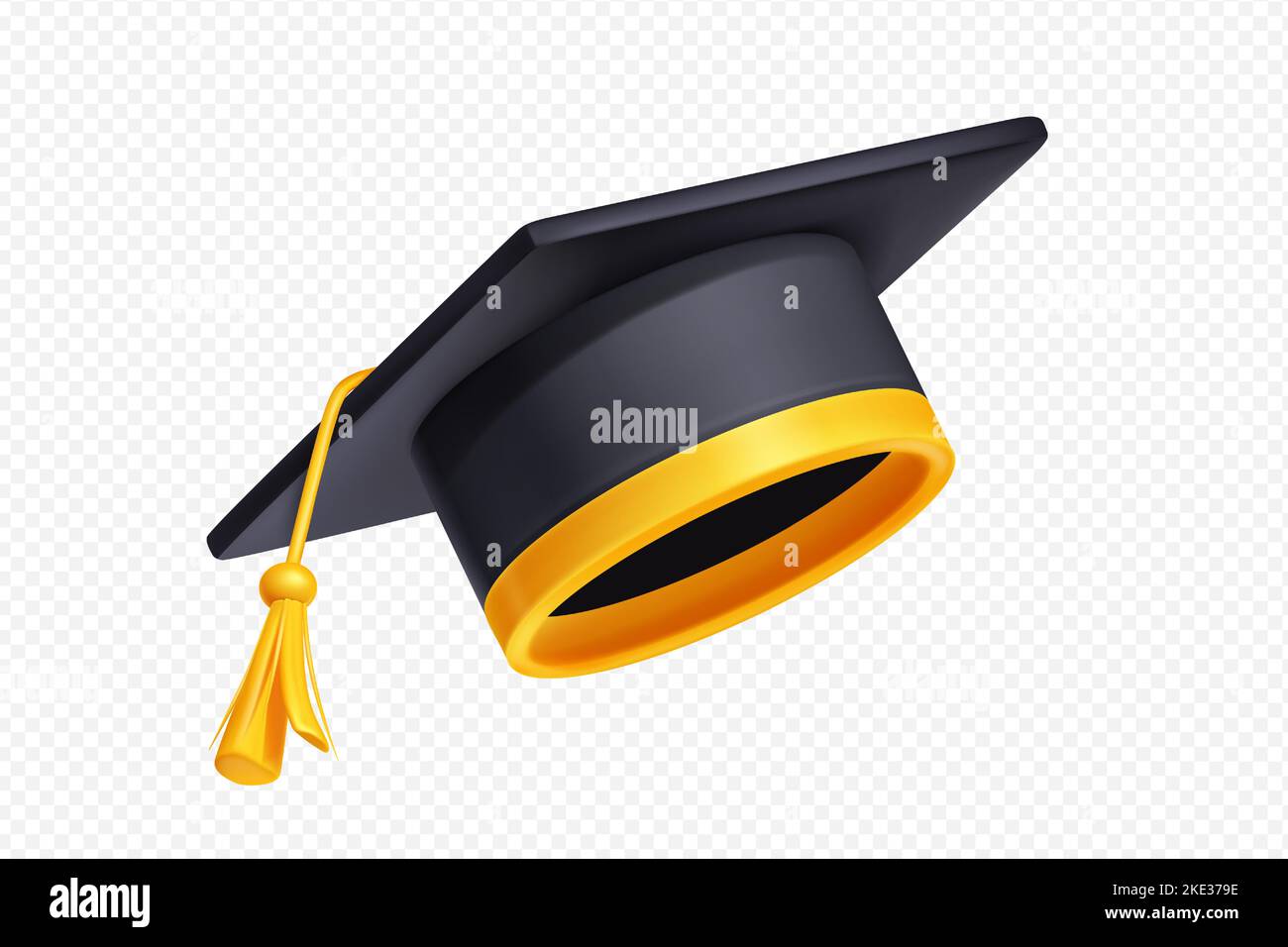 Tappo graduato per studenti con nappina in oro e nastro. Concetto di istruzione accademica in università, università o scuola superiore. Pannello mortarboard nero con bordo giallo, illustrazione vettoriale 3D Illustrazione Vettoriale