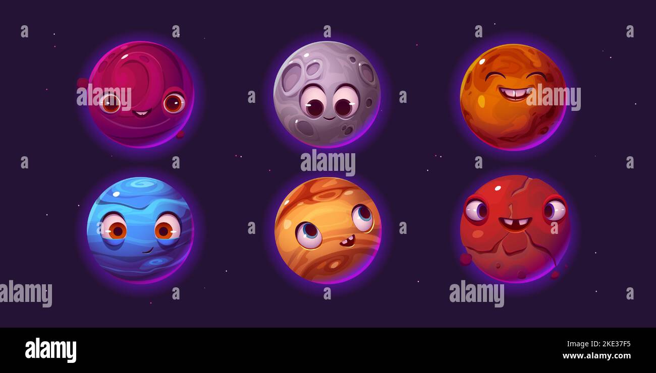 Carino pianeti personaggi cartone animato, fantasy ui gioco spaziale oggetti cosmici set. Diversi personaggi colorati di galassia o universo con volti sorridenti divertenti, crateri e superficie testurizzata, illustrazione vettoriale Illustrazione Vettoriale