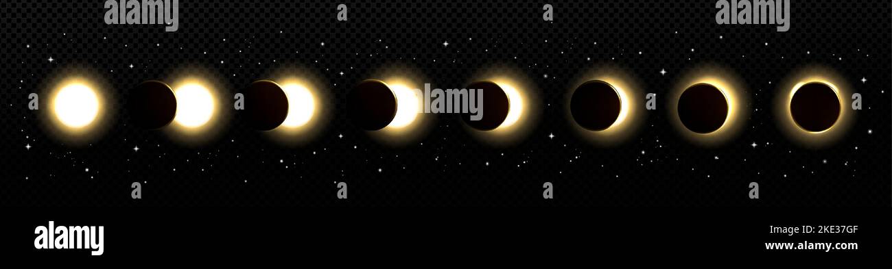 Eclissi solare in fasi diverse. COSMOS con luna e sole in eclissi solare totale e parziale e stelle isolate su sfondo trasparente, illustrazione vettoriale realistica Illustrazione Vettoriale