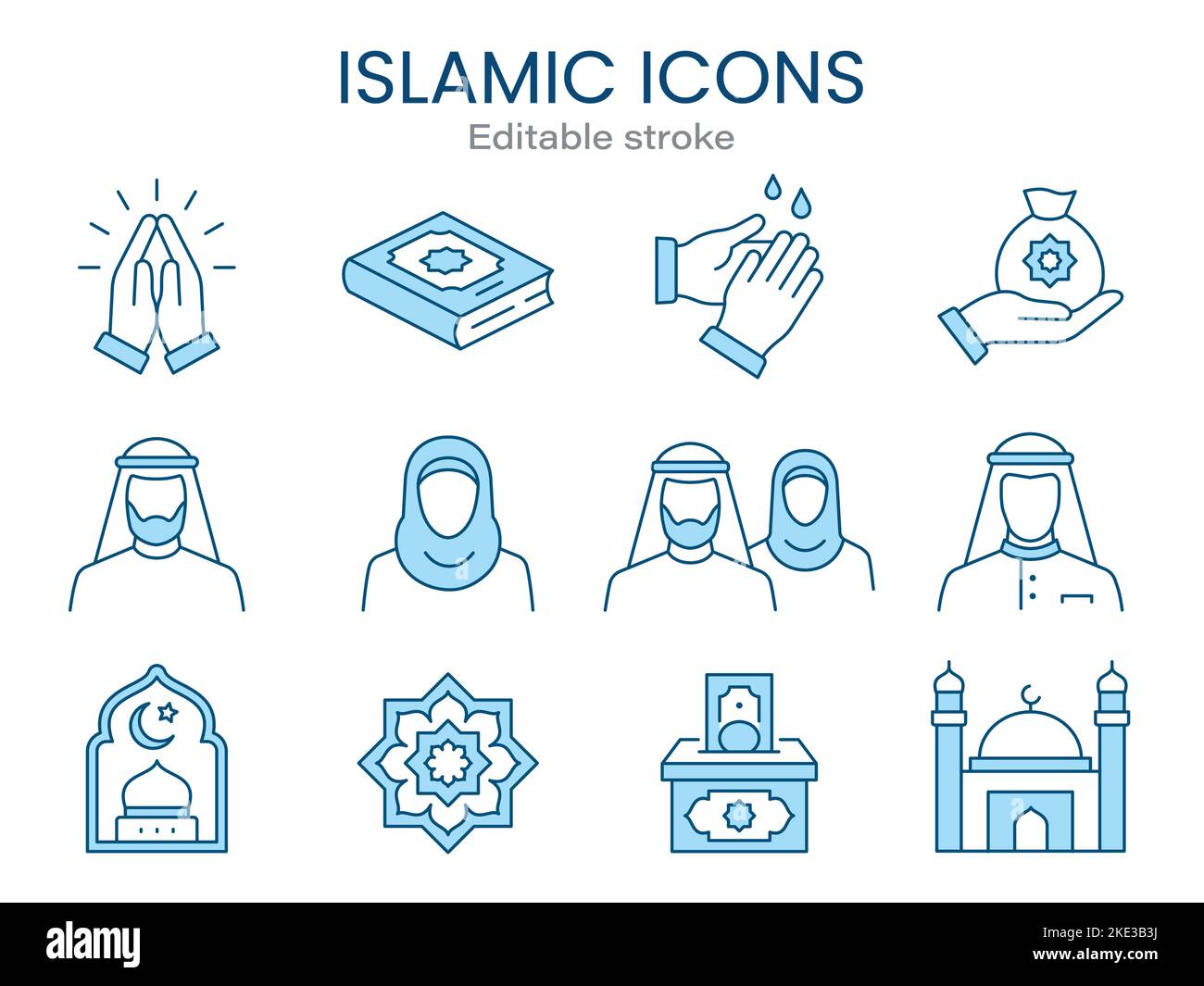 Icone arabe, come l'islam, il corano, il popolo, il musulmano e molto altro. Tratto modificabile. Illustrazione Vettoriale