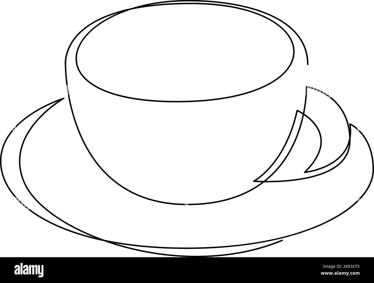Disegno in linea continua di una tazza di caffè su un piatto per etichetta con logo. Emblema del negozio di tè. Moderna illustrazione vettoriale con disegno a una linea Illustrazione Vettoriale