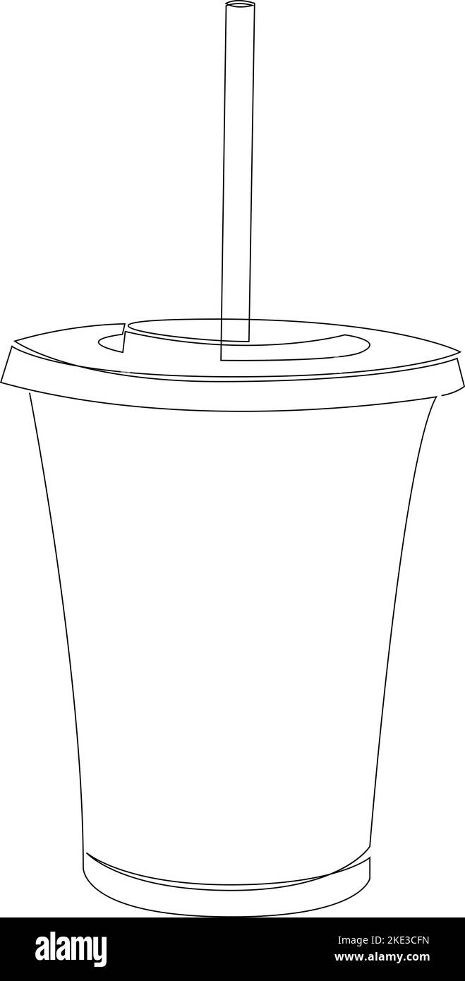 Disegno continuo di una linea della tazza di plastica con cannuccia. Illustrazione vettoriale Illustrazione Vettoriale