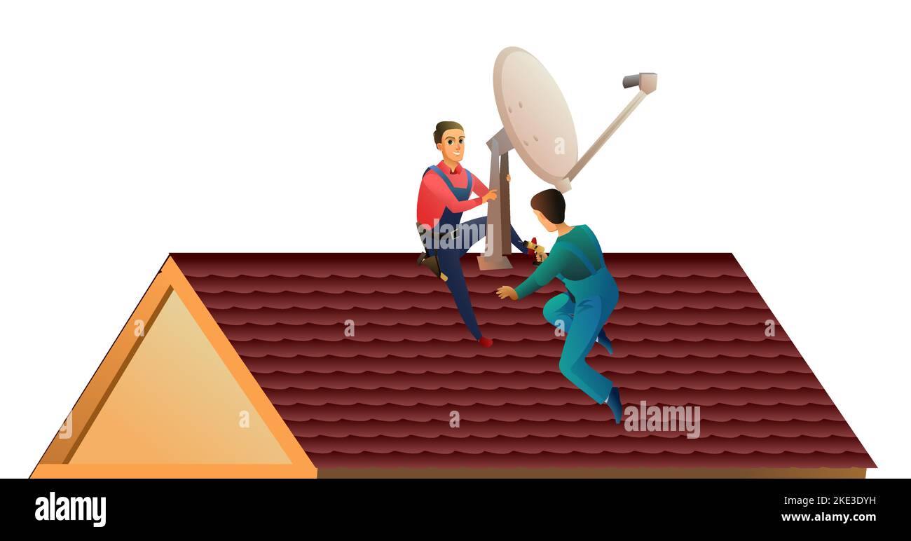 I lavoratori lavorano sul tetto. Due operatori installano un'antenna parabolica sul tetto. Antenna per televisione e internet. Illustrazione di manutenzione isolata su ba bianca Illustrazione Vettoriale