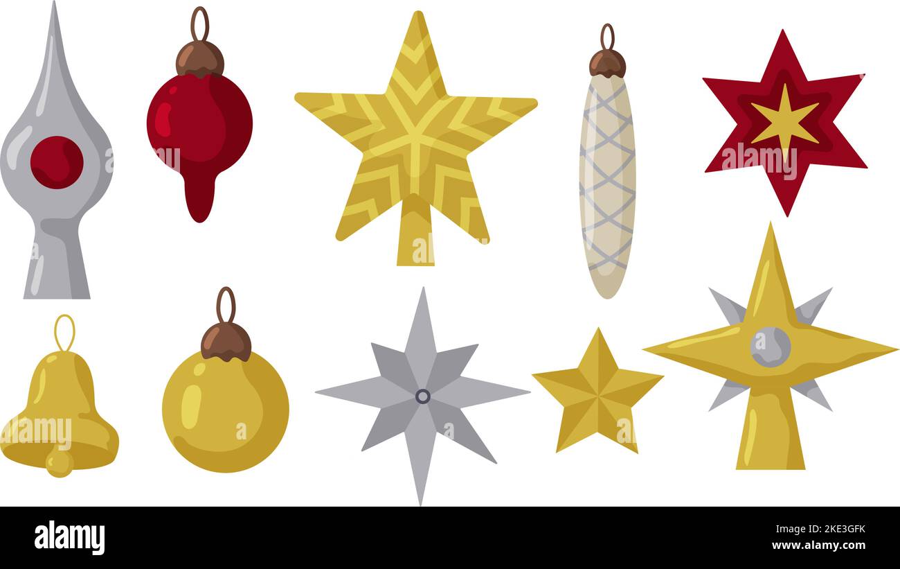 Decorazioni per albero di Natale. Illustrazione colorata in stile boho piatto. Concetto di festività e feste invernali. Palle, stelle, decorazioni in ciclicolo. Illustrazione Vettoriale