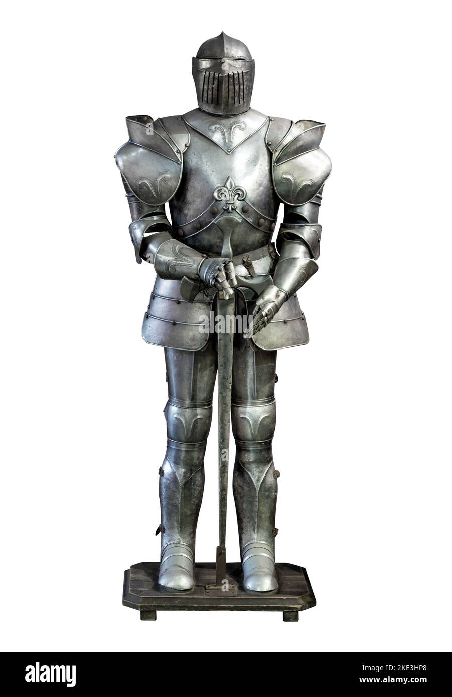 Set di vecchia armatura del cavaliere con parti metalliche poste in piedi isolate su sfondo bianco Foto Stock