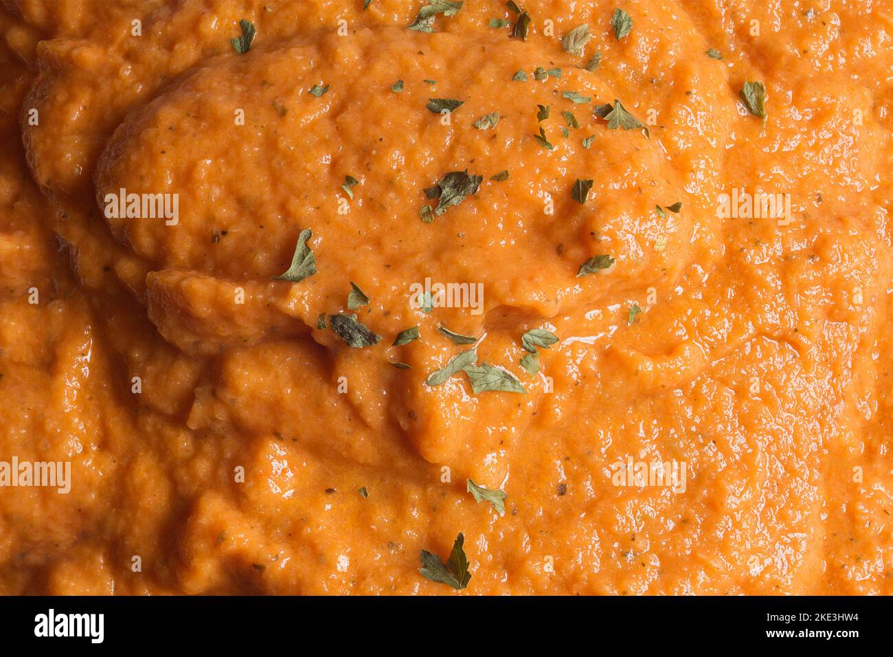 Primo piano di una deliziosa salsa di pomodoro fatta in casa con prezzemolo. Struttura organica sfondo astratto. Foto Stock