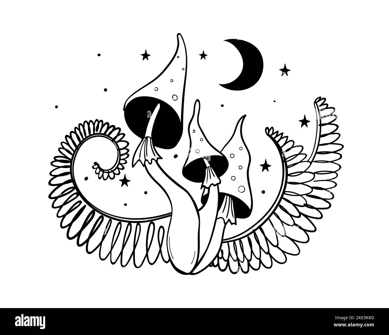 Fata mosca agarico con foglie di felce, mistico boho strega tatuaggio, concetto di microdosaggio. Disegno a linee isolato su sfondo bianco. Piante di foresta Illustrazione Vettoriale