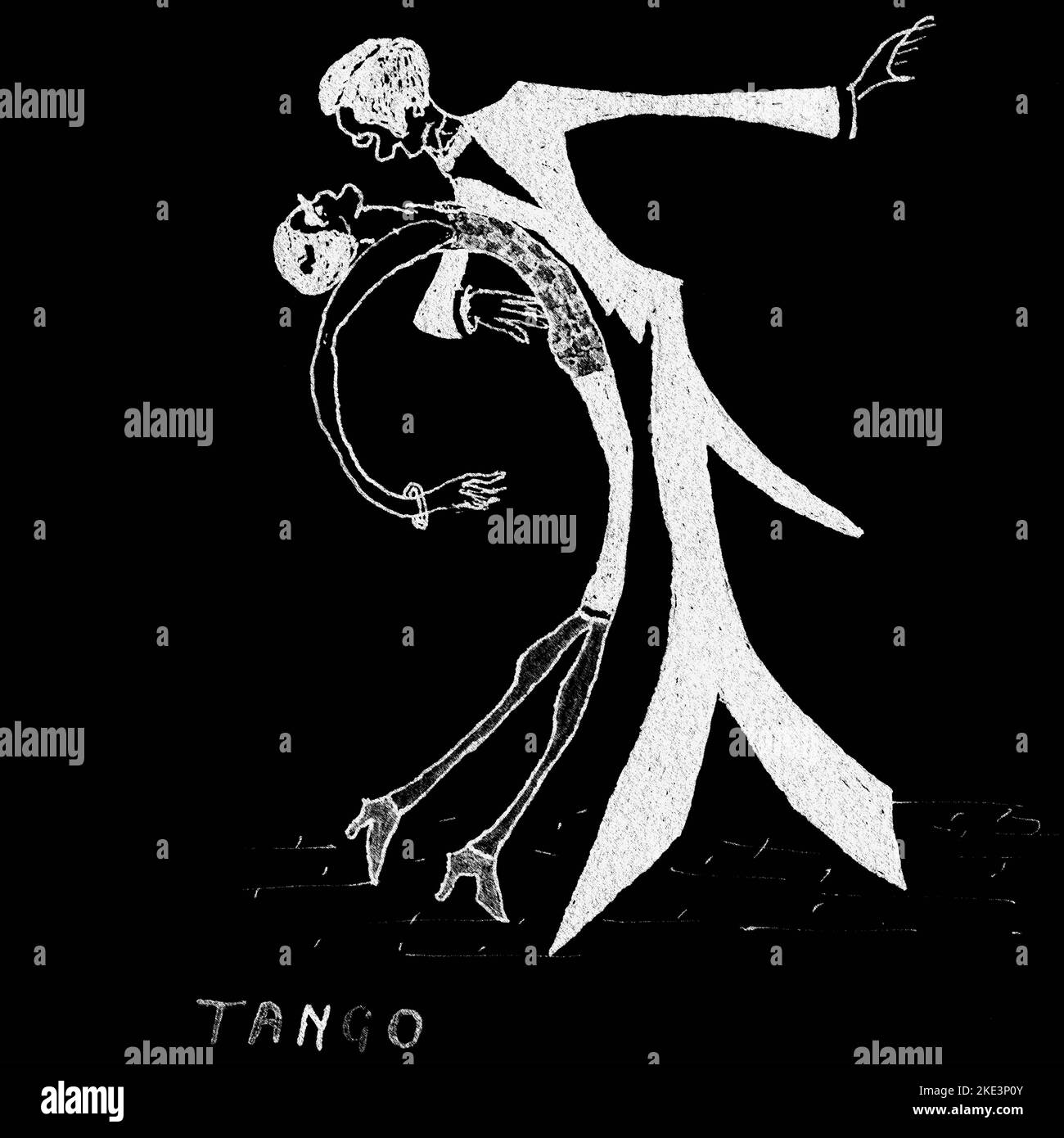 Tango estremo in contrasto estremo: Dettagli in formato quadrato d'arte digitale in bianco e nero di ‘Tango 1926’, un acquerello in stile cubista che raffigura una coppia ultrasottile che proietta una forma curvilinea mentre tango la notte via. L'originale è stato disegnato, dipinto e firmato nel novembre 1925 dall'artista britannico R. Biass, forse come sua previsione di come la mania sudamericana di danza potrebbe svilupparsi. Foto Stock
