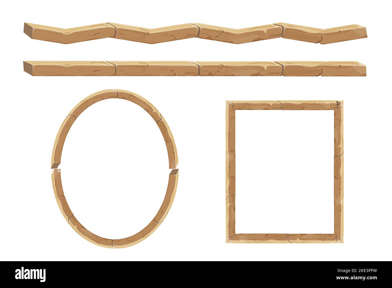 Set cornice in mattoni di pietra, angolo antico medievale in stile cartone animato, isolato su sfondo bianco. Decorazione del gioco, menu. Illustrazione vettoriale Illustrazione Vettoriale