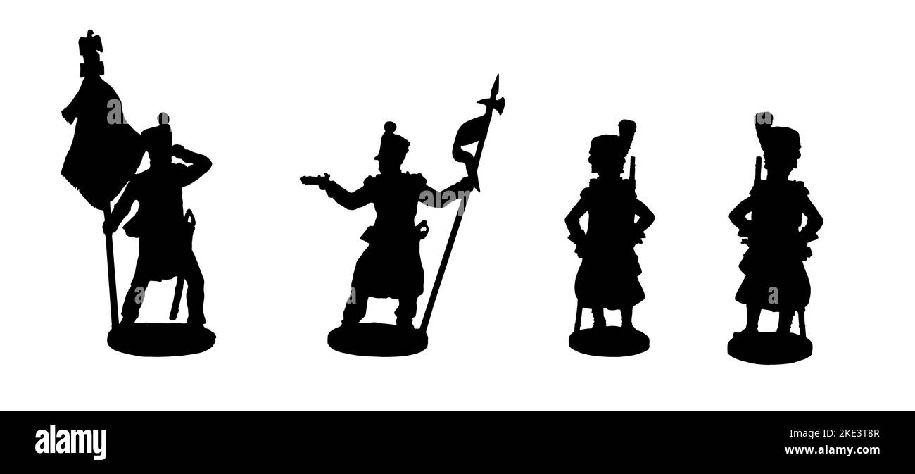 Zaffera francese, portatore di bandiera e portatore di aquila. Figure storiche della guerra napoleonica. Disegno di silhouette. Foto Stock