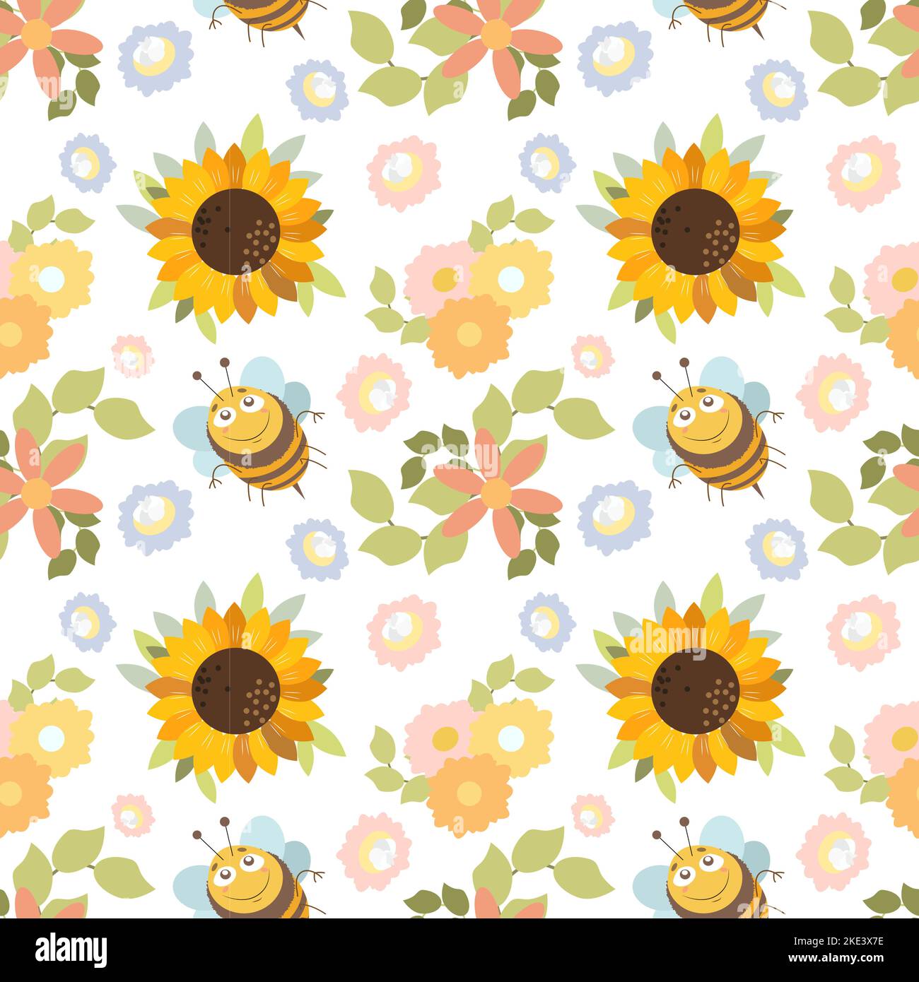 Le api paterne e i girasoli nel tema estivo nello stile delle illustrazioni Illustrazione Vettoriale