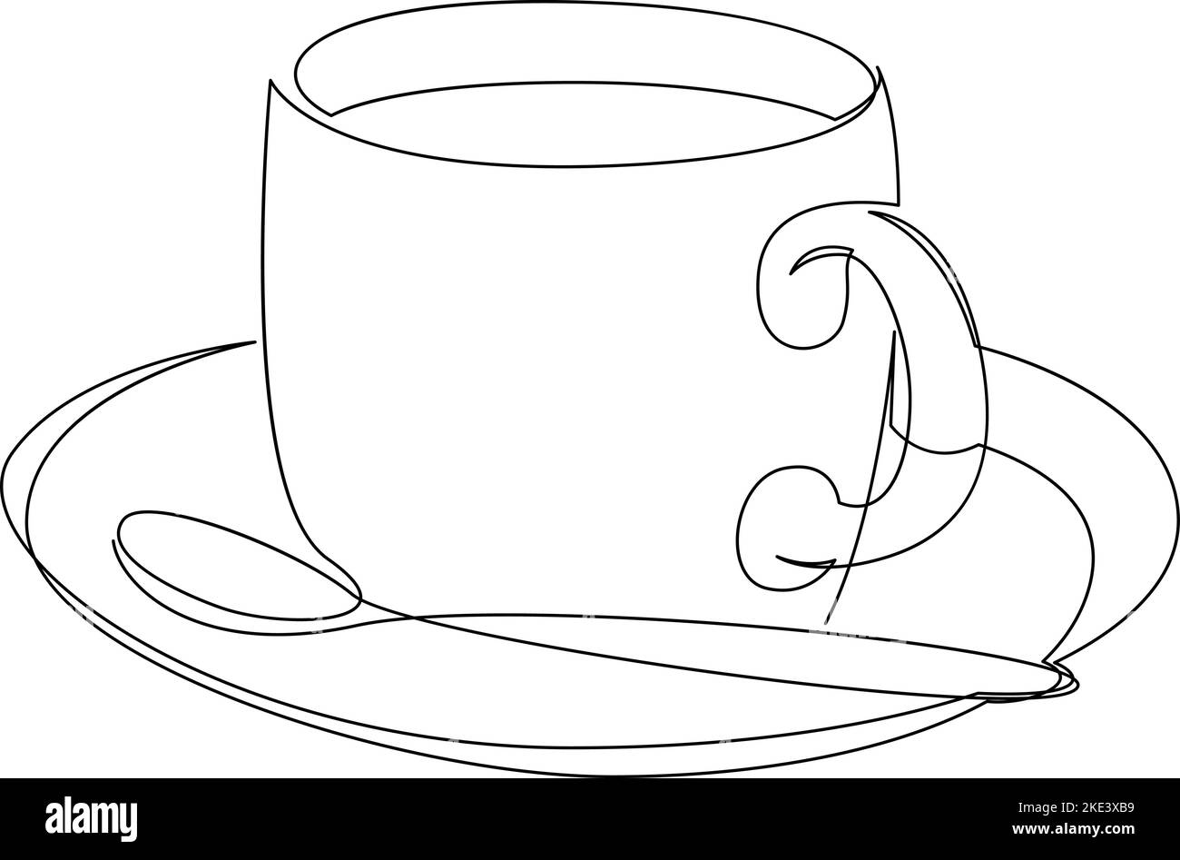 Tazzina di caffè con disegno a una linea con piatto e cucchiaio. Design semplice a lineart continuo. Vettore disegnato a mano Illustrazione Vettoriale