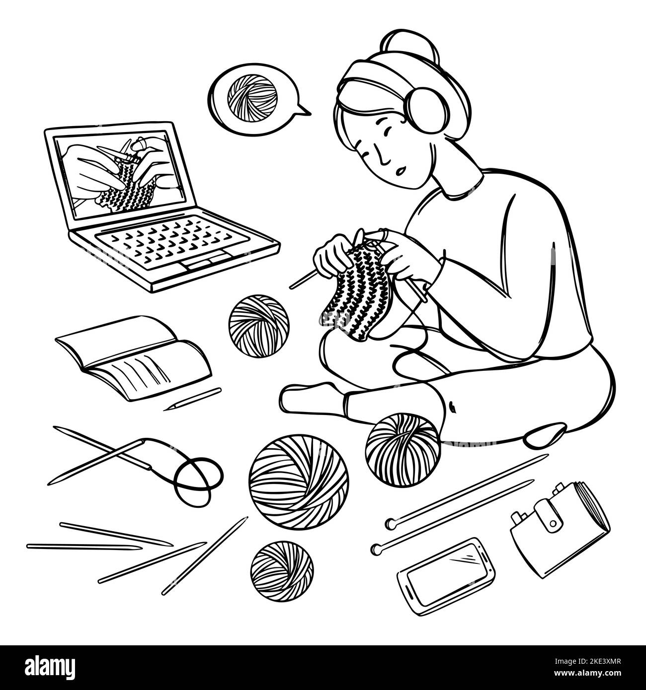 ONLINE HOBBY Knitting apprendimento Needlewoman concetto su Internet Casa Istruzione mano disegnata Vector Collection Master classi Una donna insegna pubblico Illustrazione Vettoriale