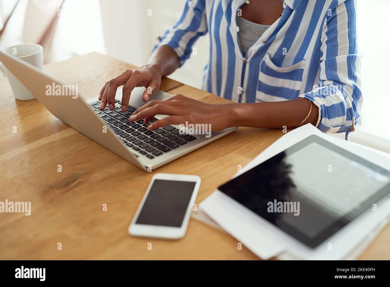 Ora puoi portare con te l'ufficio, una giovane donna che lavora sul suo notebook a casa. Foto Stock