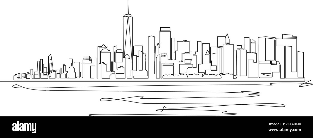 Disegno a linea singola dello skyline di New York City, Manhattan visto dall'illustrazione vettoriale della linea d'acqua Illustrazione Vettoriale