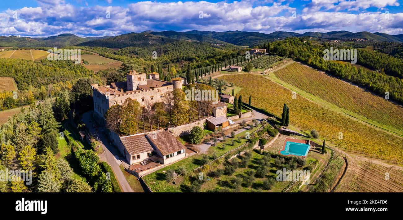Italia, Toscana paesaggio vista aerea drone. Vigneti panoramici e castello medievale - Castello di Meleto in Chianti. Foto Stock