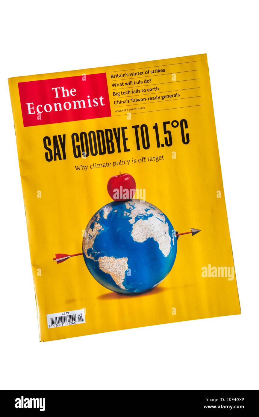 La prima copertina del numero di novembre 2022 di Economist recita Say Arrivederci to 1,5 C. perché la politica sul clima è fuori obiettivo. Foto Stock