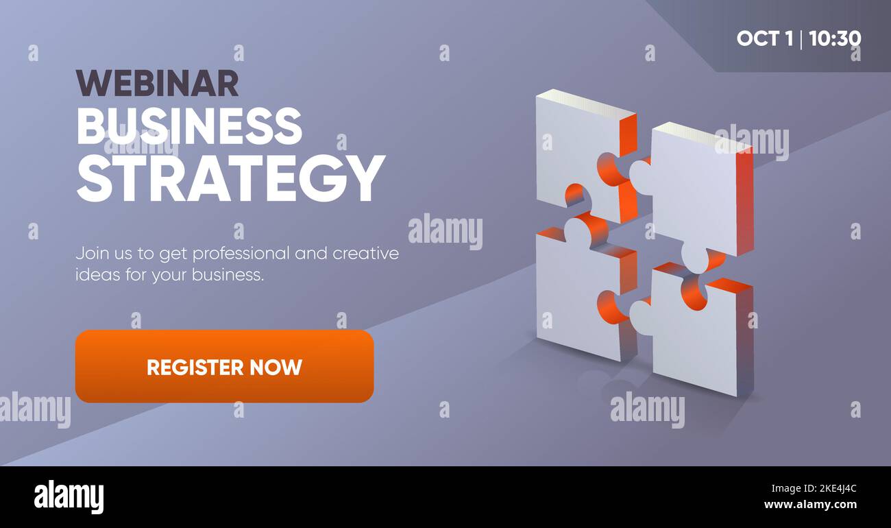 Modello di post sui social media del webinar sulla strategia aziendale con un'illustrazione del puzzle 3D. Sfondo e illustrazione per i social media, banner design in vettore. Illustrazione Vettoriale