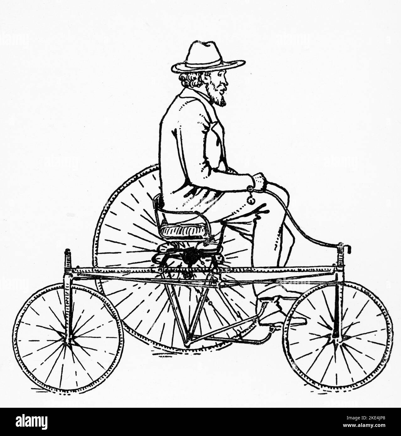 Un triciclo Rotary di Coventry del 1876 (1942). Nel 1876 James Starley brevettò il triciclo «leva di Coventry» (brevetto n. 4478/1876). Harry Lawson ha aggiornato il “triciclo di Coventry” con un’azione rotativa e una trasmissione a catena (brevetto n. 972/1877). Questa macchina modificata è diventata nota come “triciclo rotatorio di Coventry”. Foto Stock