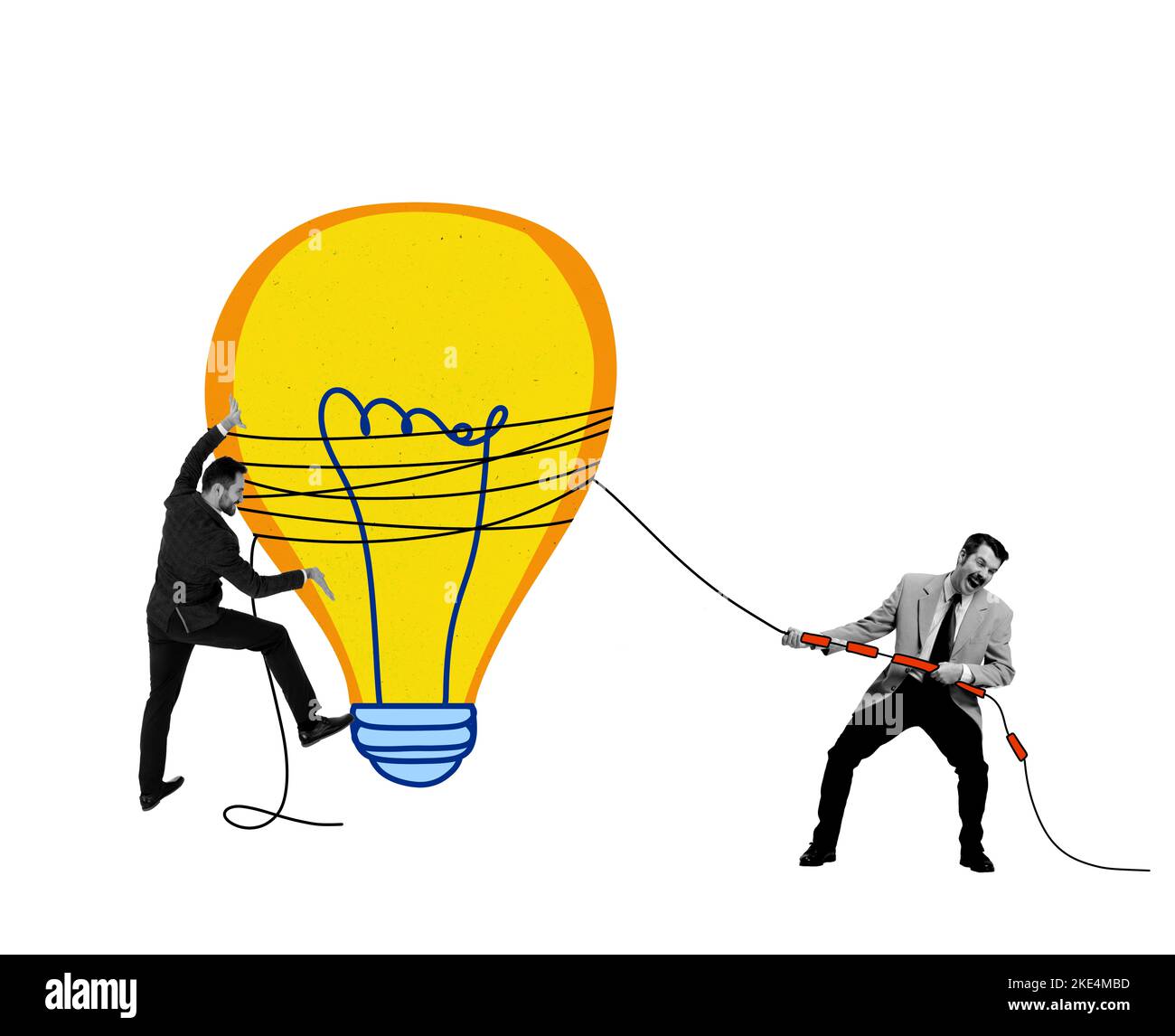Collage d'arte contemporanea. Design creativo. Uomo d'affari che tira la lampadina simbolizzando lo sviluppo di nuove idee Foto Stock