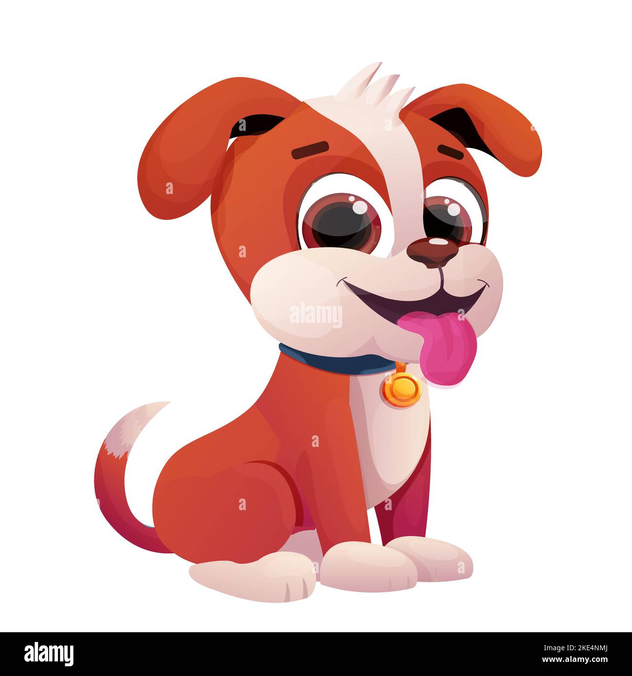 Cucciolo, carino cane bambino con colletto, lingua e adorabile coda in stile fumetto isolato su sfondo bianco. Illustrazione vettoriale Illustrazione Vettoriale